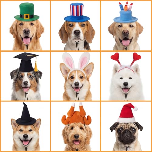 Shinymoon 9 Pcs Holiday Pet Costume Accessories Dog Cat Hat Seasonal Holiday Dog Headband Heart Bunny Ears Green Top Hat Birthday Cake Cap Graduation Black Witch Cap for Pet Costume Outfit Accessories - Image 4