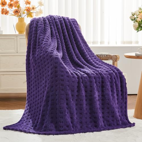 NEWCOSPLAY 3D Waffle Checkered Flannel Twin Blanket, Dark Purple, 60"x80"