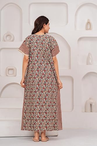 Image of DIAMO Full Open /Front Buttoned Pure Cotton Night Gown Women /Girls with Jaipuri Block Print, Maxi Night Gown, Sleepwear, Nighty, Nightdress, Jaipuri Nighty, Nighties