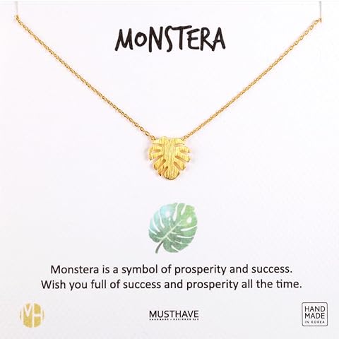 MUSTHAVE Monstera Leaf 18K Gold Plated Necklace With Message Card, Yellow and White Color, Anchor Chain, Best Gift Necklace, Size 16 inch + 2 inch Extender, Pendant, Gift Card