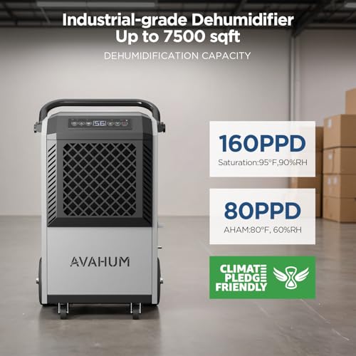 Image of 5-Year Limited Warranty Commercial Dehumidifier with Pump,Grey 160 Pint Industrial Dehumidifier for Basement & Warehouse, 7500 Sq.Ft Large Dehumidifier with Drain Hose,24H Timer, Auto Restart Defrost