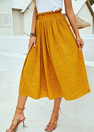 Women's Skirts Casual Pleated High Elastic Waisted Polka Dot Floral Midi Cover Ups Skirt With Pockets Yellow L #TOP4