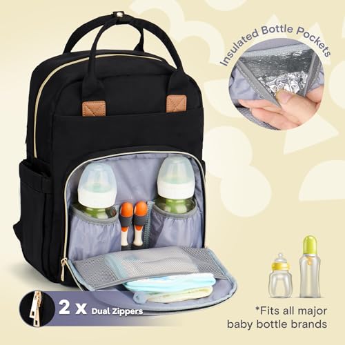 Image of RUVALINO Diaper Bag Backpack, Multifunction Travel Pack Maternity Baby Changing Bags, Large Capacity, Waterproof, Deep Black, Polyester