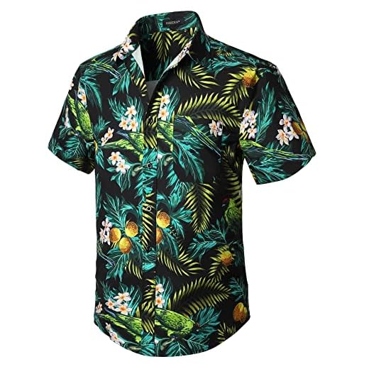Enlision Camisa Hawaiana Manga Corta Hombre Funky Camisas Hawaianas con Bolsillo Delantero Impresión de Flores y Palma Hoja Aloha Shirt de Playa, Verde,