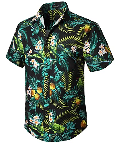 Enlision Camisa Havaiana Masculina Funky Manga Curta Camisas Havaianas com Bolso Frontal Impressão de Praia de Havaí Flores Ananás Palma Folha Aloha Shirt, L