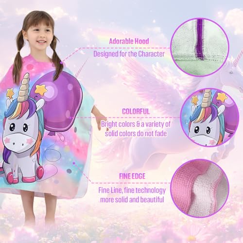 Image of TONY STARK Poncho Towel for Kids, Beach Towel with Hoodie, 60x60cm Travel Towel for 1-7 Years Girls and Boys, Soft Microfiber Sleeved Poncho (Magical Unicorn)