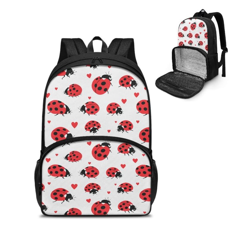 Cartoon Ladybug Print Travel Backpack for Women Cartoon Art Ladybugs Painting Lightweight Large Backpacks Heart Pattern Student Laptop Bookbag