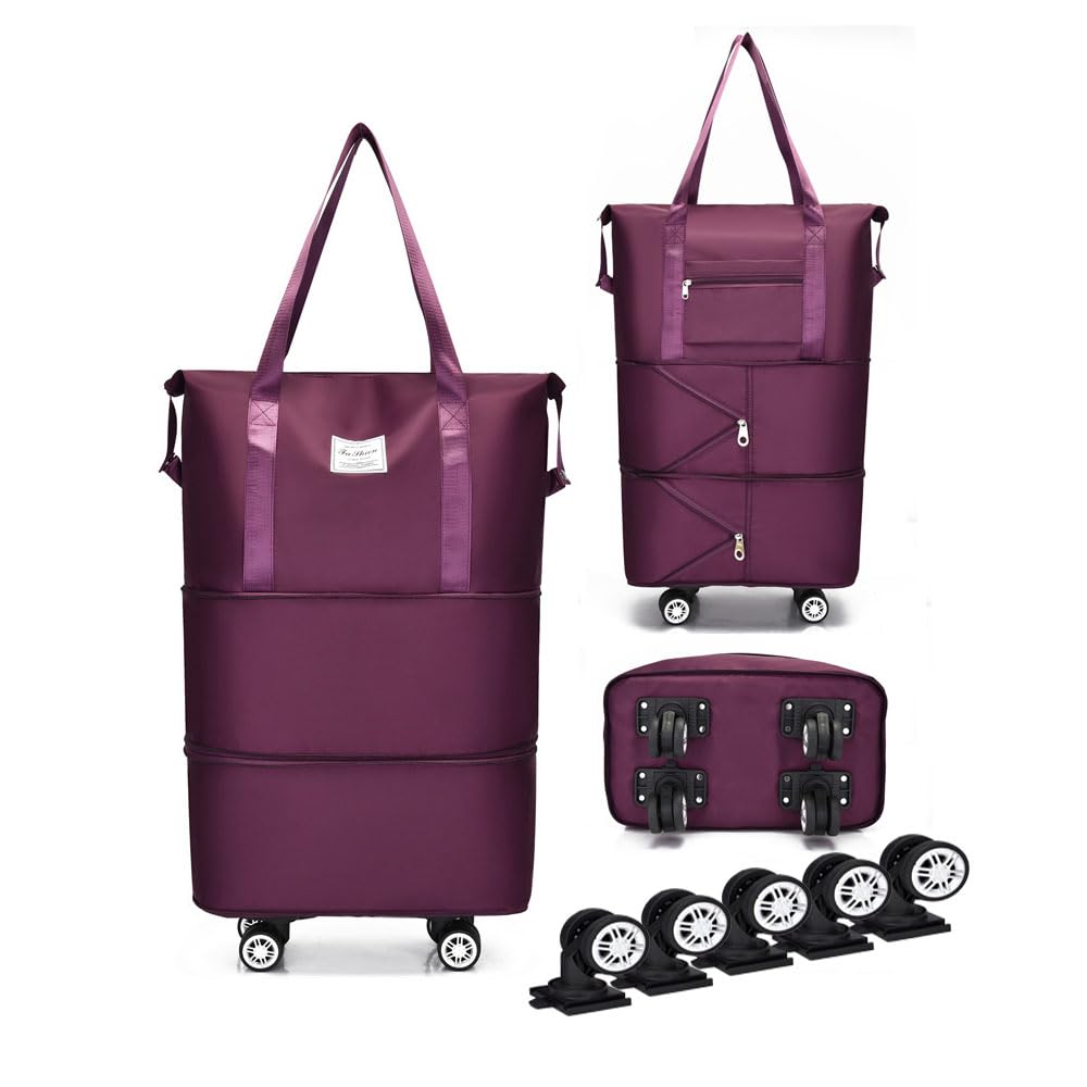 Expandable Foldable Duffel Bag with Detachable Wheels, 64L Large Capacity Rolling Travel Duffle Bag, Lightweight Carry on Luggage with Spinner Wheels, Weekend Gym Tote Bag, Deep Purple, Rolling Duffel-image-48