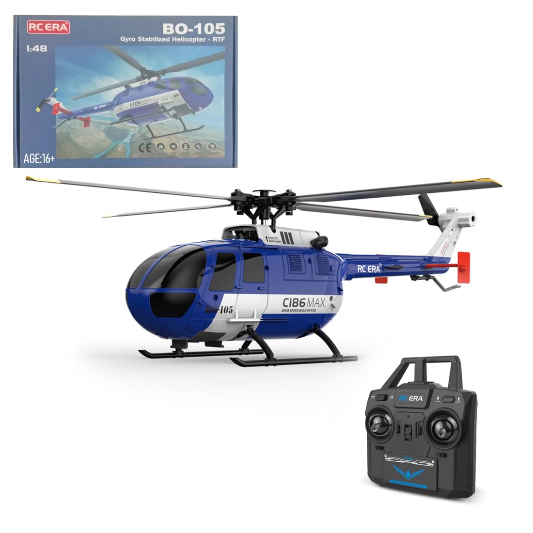 C186MAX BO105 Gunship Aircraft 2.4G RC 4CH Pojedynczy helikopter Flybarless (wersja RTF RC/niebieski i biały)