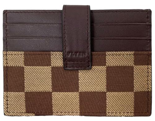 VLYRN Slim Card Holder | Bifold Checkered Wallet, Genuine Leather & Canvas Fabric with ID Window | Small Credit Card Case for Women (8 slots total - 1 card/slot) (Brown)2