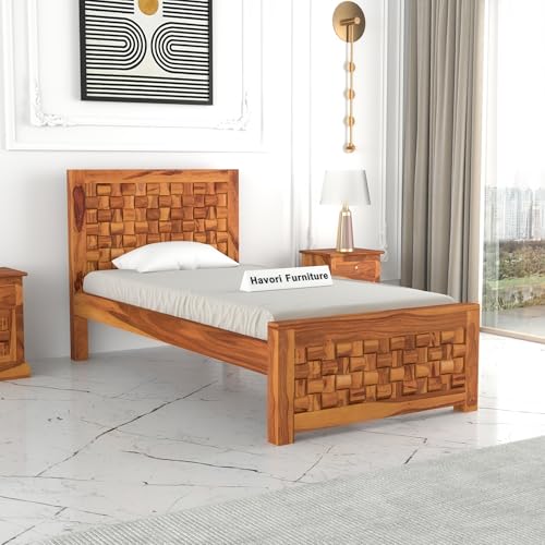Image of Solid Sheesham Wood Single Size Bed Without Storage for Bedroom Living Room Single Cot for Home Wooden Palang for Hotel (Honey, Size 6 * 3)