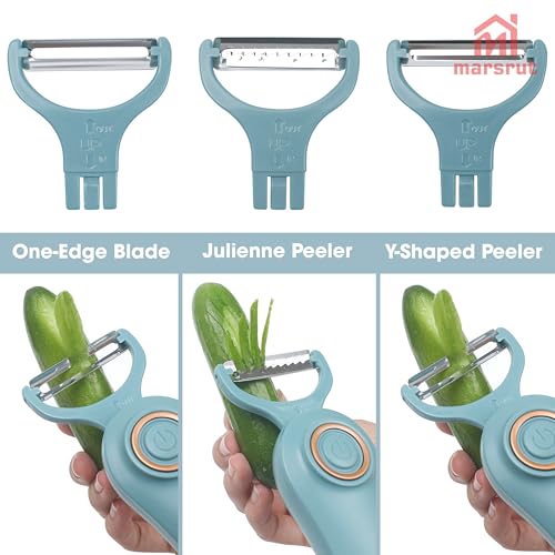 3-in-1 Electric Peeler Fruits and Vegetables Cordless for Kitchen, Handheld Julienne Blade Slicer Tool Set for Potatoes Cucumber Apples Carrot, Electrico Automatic Stainless Steel Pro Gadgets-Blue - Image 4