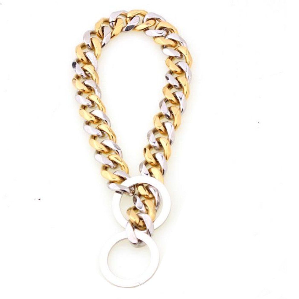 IFLYTREE JEWELRY Heavy Duty 15mm Duty Solid Stainless Steel Dog Choke Chain Collar Pet Necklace for Pit Bull, Mastiff, Bulldog, Big Breeds 12 Inches-34 Inches (Silver & Gold, 28)