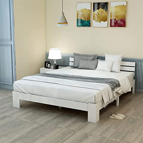 ModernLuxe Doppelbett Massivholzbett 140 x 200 cm Holzbett Kiefer Balkenbett Bettgestell mit Kopfteil und Lattenrost, als Seniorenbett geeignet, Komfortbett mit Rückenlehne Bett Weiß(Ohne Matratze)