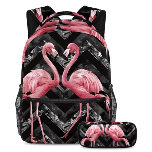 Art couple flamant rose sac à dos avec trousse pour fille et garçon