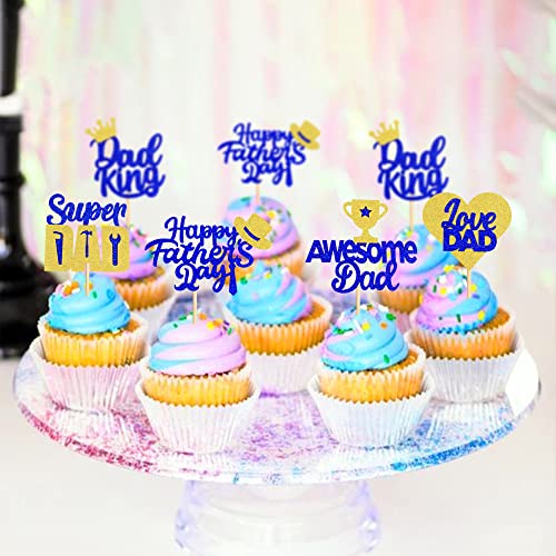 Cyodoos 30Pcs Happy Father's Day Cupcake Toppers Dad King Love Dad Cupcake Picks Awesome Dad Cake Decoration For Happy Fathers Day Party Supplies - Dark Bule Glitter #TOP5