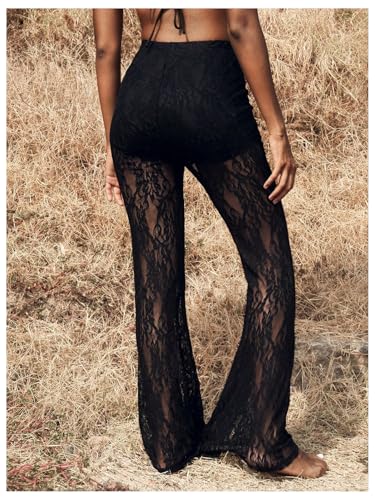 Women's Floral Lace Sheer Mesh Flare Pants Elastic High Waisted Long Trousers2