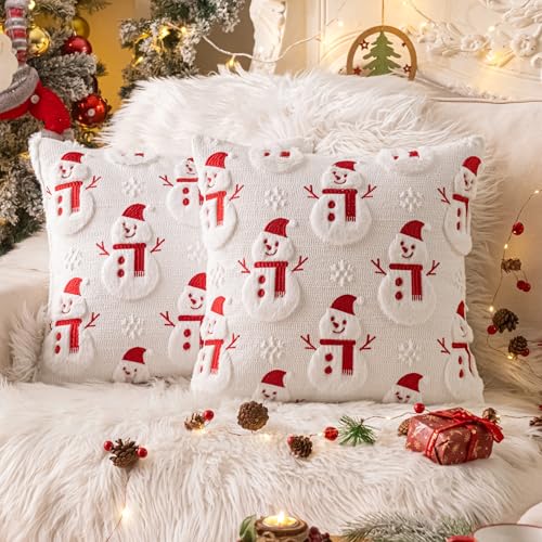 AQOTHES Christmas Snowman Snowflake Throw Pillow Covers 18x18 Inch Soft Faux Fur Decorative Throw Pillows for Couch Sofa Cushion Covers Holiday Home Decor