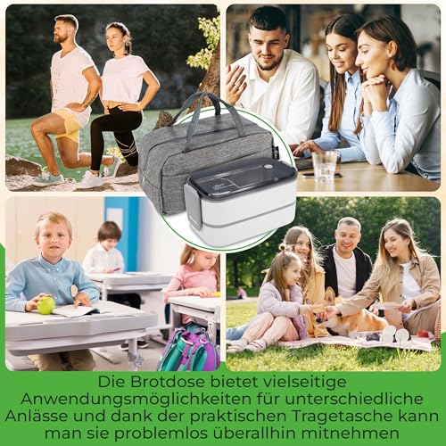Foto von momii Premium Lunchbox für Erwachsene und Kinder inkl. Tragetasche und Besteck | Bentobox Edelstahl mit Fächern | Brotdose Kindergarten Lunchbox Bananenbox (Weiß)