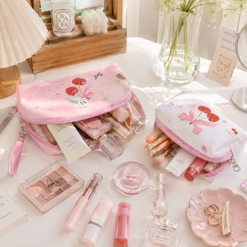 Image of NFI essentials Pack of 2 Cherry Print Makeup Pouch for Women & Girls, Multipurpose Cosmetic Organizer Bag with Wrist Strap & Zipper Closure, Portable Toiletry Travel Pouch for Makeup, Skincare