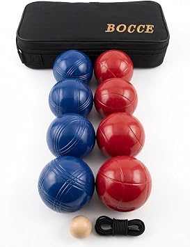 BuyBocceBalls Listing -73mm Metal Bocce and Petanque 8 Ball Set with 4 Blue and 4 red Balls and Black Bag