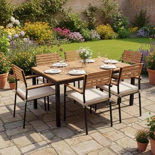 Juskys Akazienholz Gartengarnitur Rhodos | Tisch 6 Stühle & Sitzkissen | Holz Gartenmöbel Set 7-teilig | Sitzgruppe mit Stahlgestell für Garten Terrasse oder Balkon | Natur & Schwarz