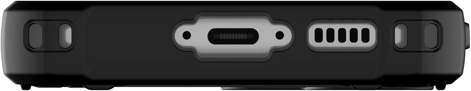Bottom view of the URBAN ARMOR GEAR Monarch Series case, showing precise cutouts for charging port and speakers.