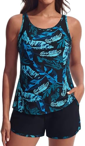 Hanna Nikole Tankini Damen Set Badeanzug Bauchweg Zweiteilig Push Up Eingearbeiteter BH Bademode und Eingearbeitetes Höschen High Waist Badeshorts Mit Taschen Verstellbare Schwimma