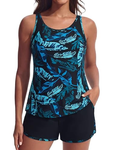Hanna Nikole Sport Badeanzug Damen Zweiteilig Bauchweg Tankini Push Up Tankini Oberteil Und High Waist Eingearbeitetes Höschen Badeshorts Mit Taschen Bademode Schwimmanzug Badebekleidung Strandmode