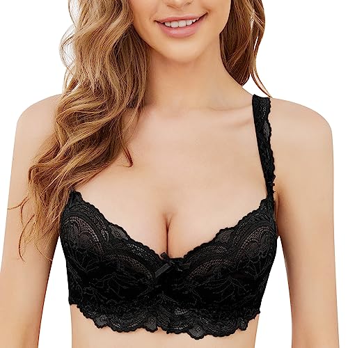 Women's Lace Balconette Bra Underwire Non-Padded Soft Cup Comfort Everyday Bras(Black,34D) #TOP1