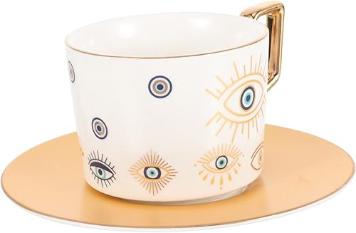 DOITOOL Juego de tazas de café de cerámica de mal de ojo, elegante platillo de taza de café con leche versátil para oficina en casa y restaurante