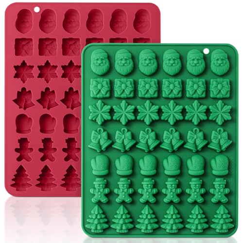Image of HKNMTT Christmas Silicone Molds for Xmas Candy Chocolate Wax Decor, 84 Cavity 7 Shapes Gummy Mould, Including Santa Gift Box Snowflake Bell Glove Tree Gingerbread Food Grade Holiday Baking DIY Moulds