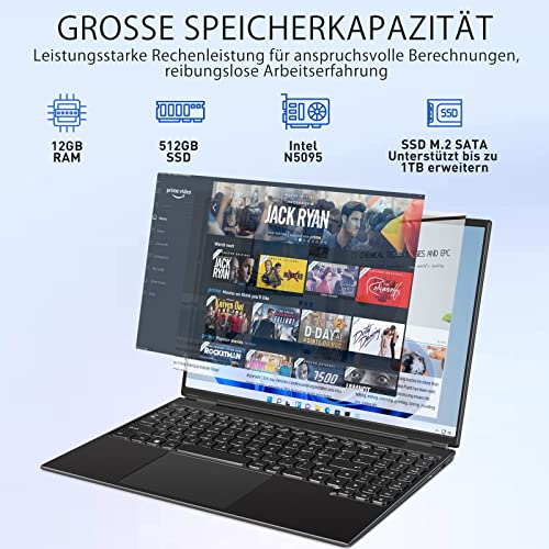 AOCWEI Laptop 16 Zoll 12GB RAM 512GB ROM Erweiterungen 2,5" 1 TB SSD, Laptop Win 11 mit 4-Core CPU N5095 (bis zu 2,9 GHz), 1920 * 1200丨5G WiFi丨Bluetooth & Deutsche Tastatur Aufkleber-Schwarz – Bild 3