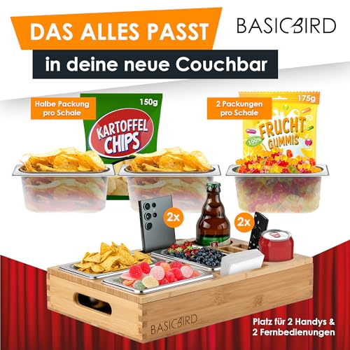 BASICBIRD® Couchbar Snackbox mit 3X Snackschale - Organizer Tablett - Snackspender - Holz Sofatablett für Sofa, Deko, Couch Bar mit Getränkehalter - Snackbox mit Fächern – Wohnmobilausstattung