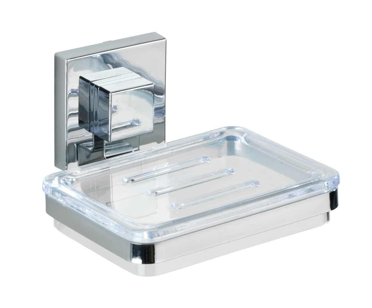 WENKO Vacuum-Loc® mydelniczka ścienna Quadro, mydelniczka do łazienki i kuchni, uchwyt ścienny bez wiercenia, nierdzewna, błyszcząca stal nierdzewna z przezroczystą miską z tworzywa sztucznego, 12 x 6,5 x 12 cm