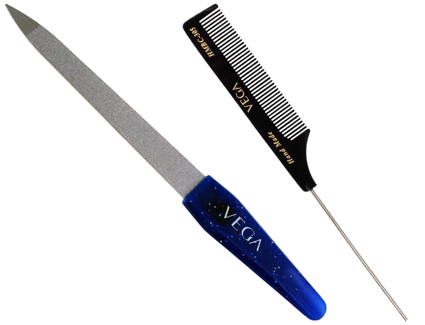 Vega Tail Comb with Steel Pin and Fine Tooth, Black & Vega Nail File (Small), 1 Pc