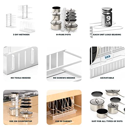 Vdomus Pot Rack Organizer With 3 Diy Methods, Pot Lid Organizer For Pans, Metal Kitchen Pot Racks, 8 Pots And Pans Holder, Kitchen Storage Cabinet Organizer Cookware Storage, White #TOP4