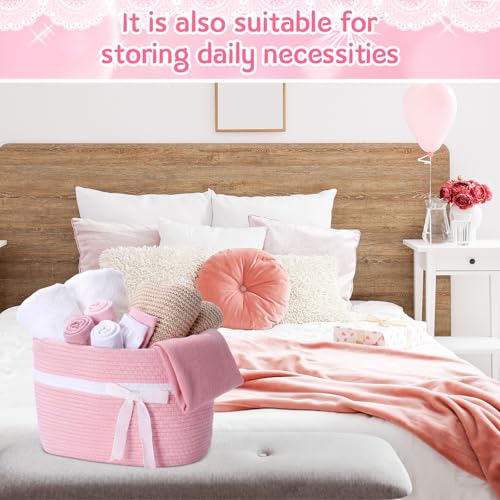 Willinglong 1 Pack Large Woven Baskets for Storage with Handle, Cotton Rope Organizer with Velvet Bow, Decorative Basket for Nursery, Closet & Gift Basket, 15 x 10 x 9 Inch (Pink) - Image 3