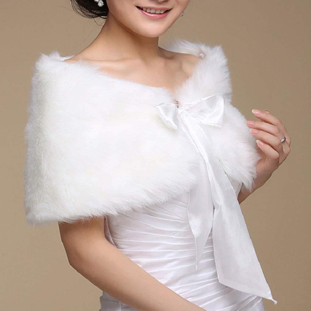 GUMEI Pashmina Chal Mujer Invierno Talla única Cálida Capa de Piel sintética Capa Abrigo de Boda Chal Nupcial Chaqueta Abrigo Cinta de satén Bowknot Encaje Encogimiento de Hombros Color sólido