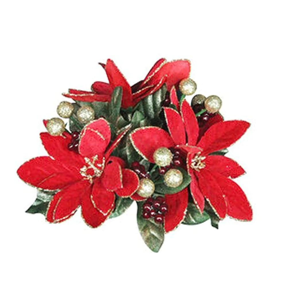 Gisela Graham Poinsettia Leaf Berry Candle Ring for 1 inch (2.5 centimeter) Dinner Candle - Set of 2