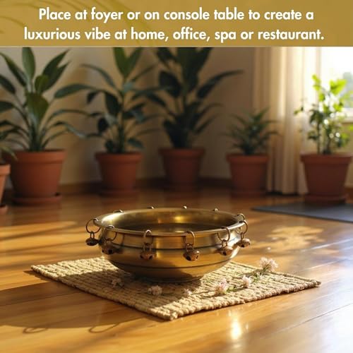 Image of Antique Brass Urli Bowl for Home Decor | Traditional Flower Floating Bowl with Ghungru | Brass Pooja Decoration Urli for Living Room, Diwali, Festive Use