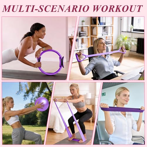 IyenFit Pilates Ring and Small Ball Set for Women with 5 Resistance Bands, 14 inch Magic Circle Home Workout Essentials Starter Kit for Beginners, Purple Yoga Sets for Full Body Toning Shape by IyenFit - Image 2