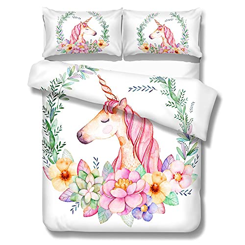 ADASMILE A & S Unicorn Bedding Full Flower Girl Unicorn Duvet Cover Cartoon Unicorn Comforter Cover Pink White Cute Floral Unicorn Bed Set for Kids with 2 Pillowcases Full Size 79â€x90â€ Home Decor