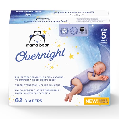 Image of Amazon Brand - Mama Bear Overnight Baby Diapers with Leak Protection and Skin Protection, Fragrance-Free, Size 5, 62 Count, Maximum Absorbency