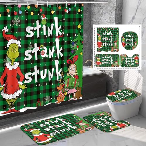 4 Pcs Christmas Bathroom Set: Shower Curtain Non-Slip Rugs Toilet Lid Cover and Bath Mat - 72 X 72 Inches With Hooks - Holiday Decor (Styled)