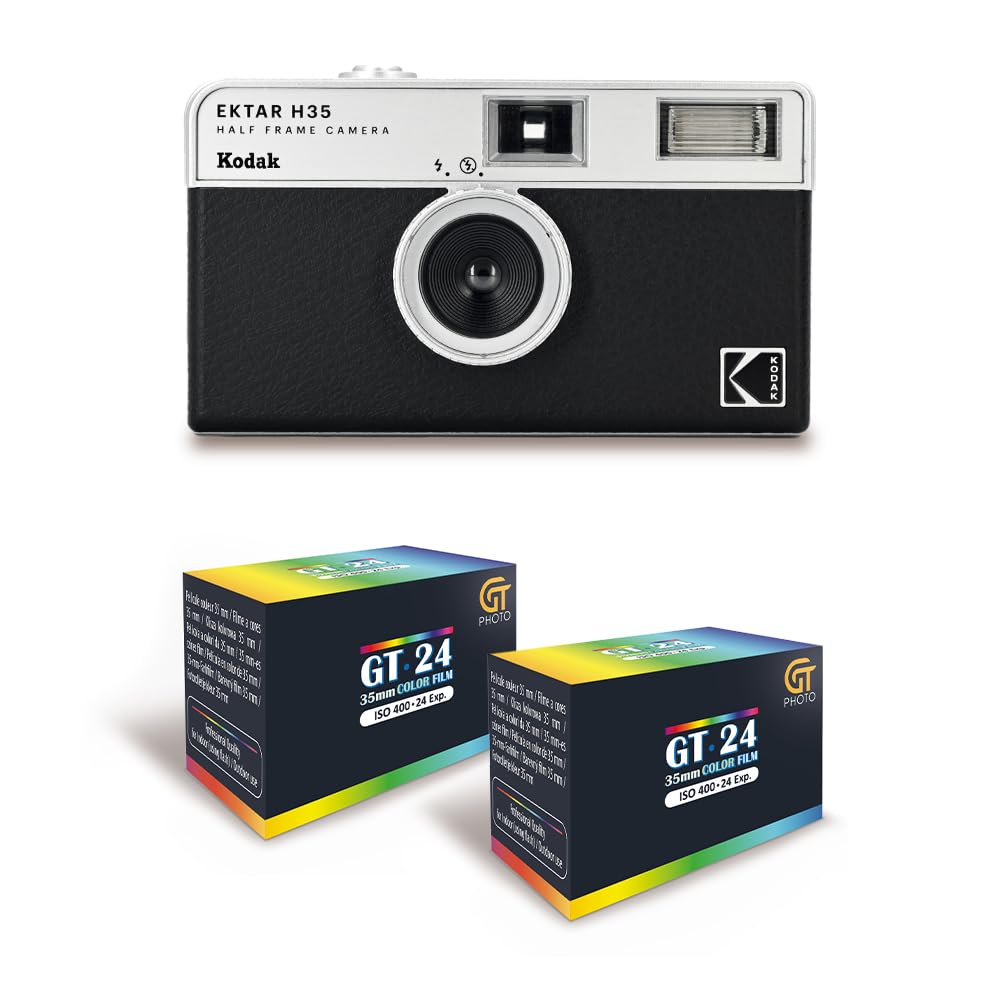 KODAK EKTAR H35 - Caméra Vidéo Demi-Format 35mm Réutilisable, sans Mise au Point, Légère, Facile à Utiliser - Noir + 2 Pellicules 35mm Couleur 24 Expositions