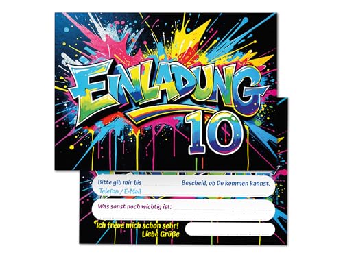 Junaversum 12 Einladungskarten zum 10. Kindergeburtstag Graffiti Junge Mädchen Kinder coole bunte Einladungen zehnte Geburtstag Geburtstagseinladungen Kids