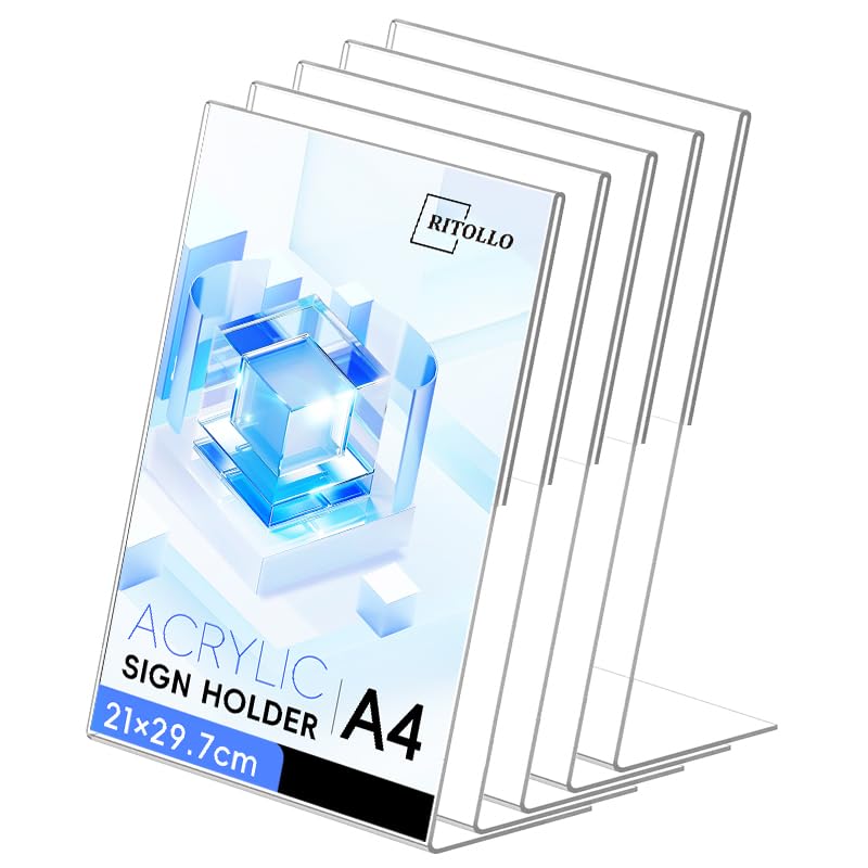 RITOLLO A4 Acrylic Sign Holder 5 Pack, Clear Perspex Menu Holder Slanted Back Display Stand, Table Top Poster Holder for Restaurant, Office, Shop, Reception, Wedding Signs (5-A4)