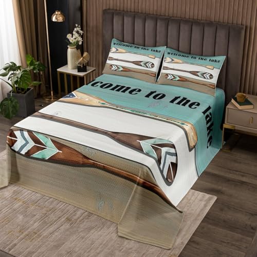 Lake House Bedspread King Size, Cabin Paddle Lake Life Theme Coverlet Set 3pcs, Rustic Farmhouse Wooden Plank Quilted Coverlet with 2 Pillowcases, Kids Boys Girls Room Decor, Soft Bedding Quilt