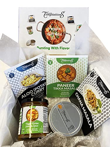 Indian Vegetarian Food Cooking Gift Set | 3 Cook-from-Scratch Spice kits make Chana Masala, Spicy Potato Curry, Paneer Tikka Masala | 100g 4-spice blend Organic Curry Powder | 8 oz Veggie Korma Curry Sauce | For Foodie or Beginner